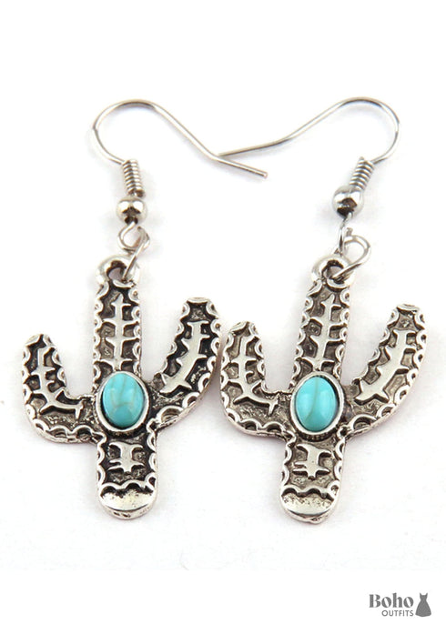 Boho Earrings, RH Dangle Earrings, Blue Cactus